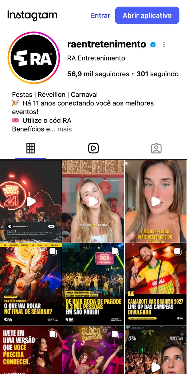 Perfil @raentretenimento no Instagram: 56,9 mil seguidores, posts de festas, réveillon e carnaval
